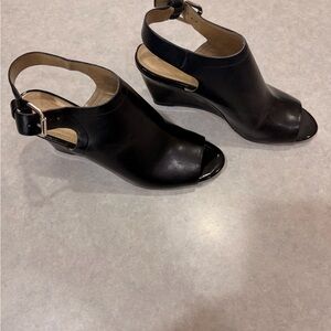 Bandolino Black Peep-Toe Slingback Wedge Mules